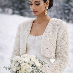 Winter White Fur Sequin Cropped Bolero Jacket | Mob Wife | Bridal Cover Up | M